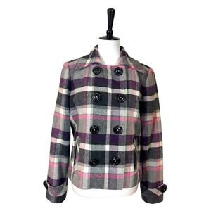 Cabi #208 Cropped Jacket Wool Blend Double Breasted Black Plaid Women’s Size 8